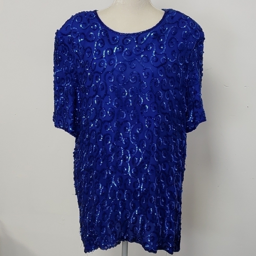 VINTAGE Silk Sequin Top by Jean for Joseph LeBon 28W Royal Blue Short Sleeve